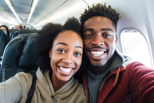 Happy selfie of Afro-American couple on the plane ready for vacations