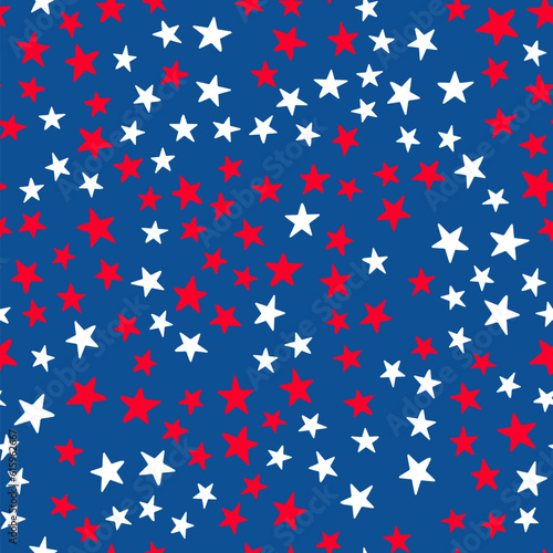 American patriotic seamless pattern. USA traditional backdrop. Red white stars on blue background. Vector template for fabric, textile, wallpaper, wrapping paper, etc
