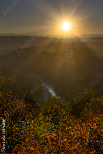 Sunrise over Mount Hood and Sandy River Valley in Oregon during Fall Season