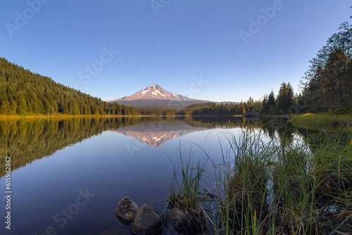 Reflection of Mount Hood on Trillium Lake by grass and rocks on a clear blue sky day