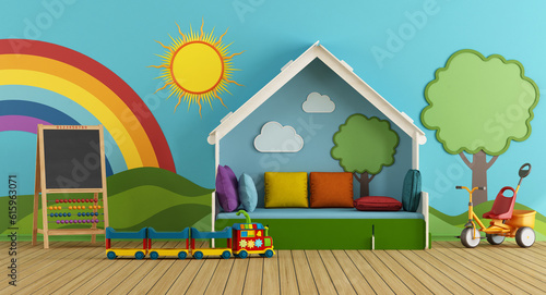 Billede på lærred Colorful playroom with bed, blackboard and toys - 3d rendering