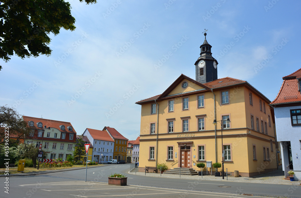 Bürgel, Germany town hall, Rathaus with main square and parking lots