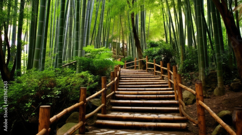 wooden bridge path through bamboo forest