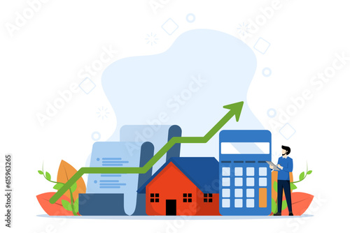 building or house investment concept, Property money investment Buying a House. Invest money in house and real estate. A man calculates the budget needed to buy a house. Flat vector illustration.