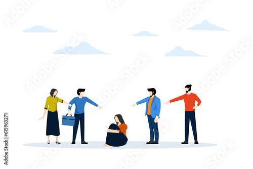 unpleasant behavior, toxic company culture. bullying problem, female character sitting on the floor surrounded by people who scorn her. Flat vector illustration on a white background.