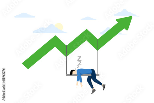Passive income from crypto or stocks. market Invest in mutual funds or other assets. Get stock dividends. Businessman investors relax and sleep with growing charts. flat vector illustration.