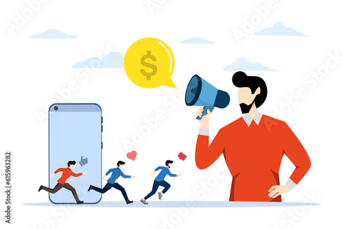 Affiliate Marketing Referral Concept, Showing a screaming person with a megaphone, Suitable for landing page, UI, web, app intro card and more. Flat Vector illustration.