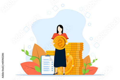 concept of financial wealth, investment success. happy people character make money. Cartoon millionaire or banker holding big coin. Financial growth, flat vector illustration on a white background.