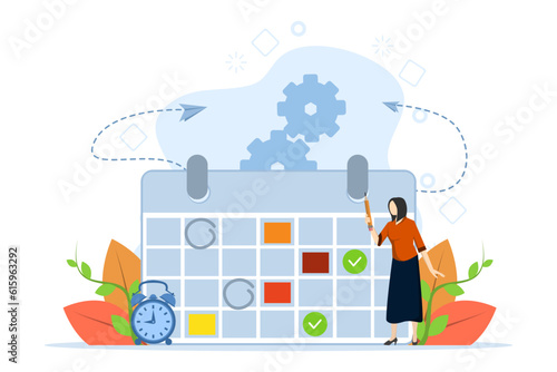 Planning schedule, business event and calendar concept. Planning strategy and time management. People with schedules, pens and notes setting up meetings. Vector illustration in flat cartoon design.