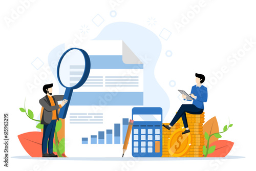 Concept of financial reports, digital accounting, financial audit and research, accounting reports. people study financial statements. Vector illustration in flat design on white background.