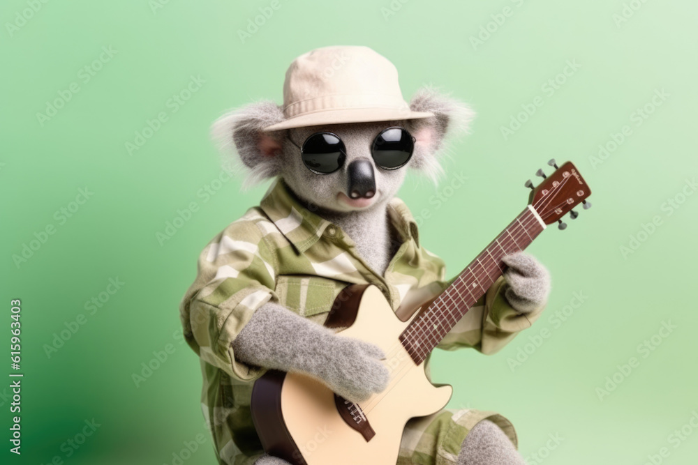 koala bear playing guitar wearing hipster hat created with Generative AI technology