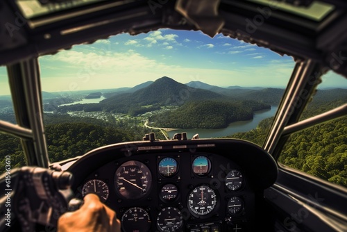 Point of view of pilot inside helicopter with amazing aerial view of Polynesian island