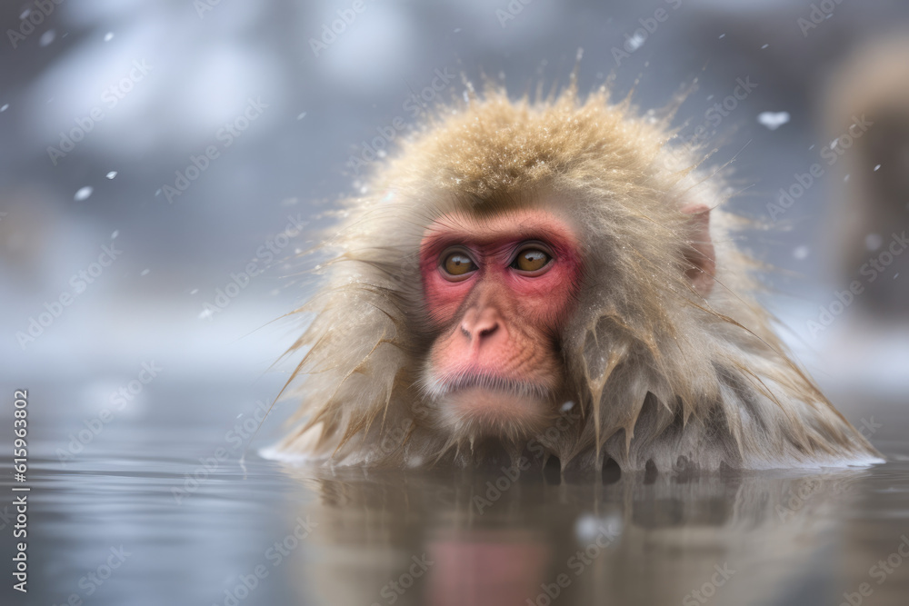 Naklejka premium monkey in onsen in winter with heavy snow created with Generative AI technology
