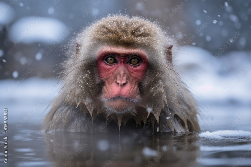 Naklejka premium monkey in onsen in winter with heavy snow created with Generative AI technology