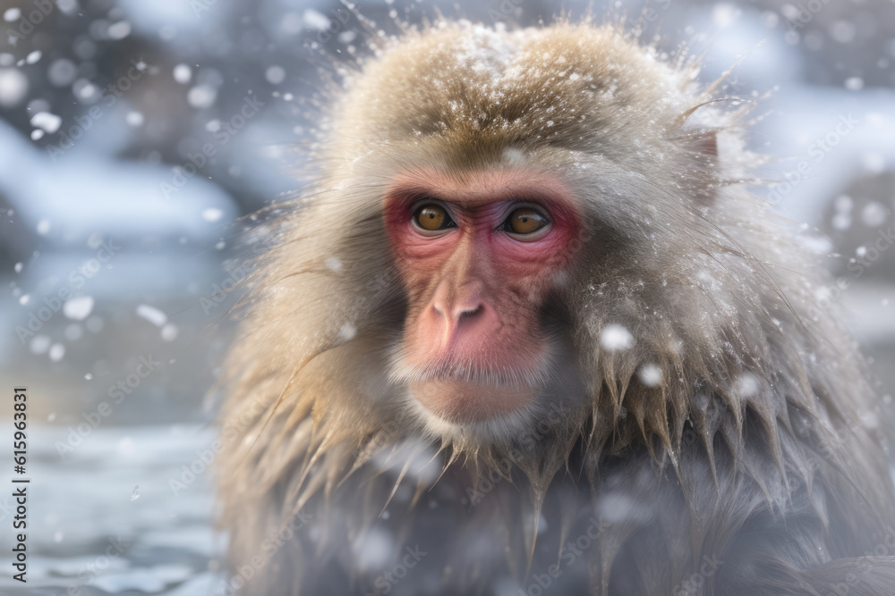 monkey in outdoor onsen with snow monkey in outdoor onsen with snow