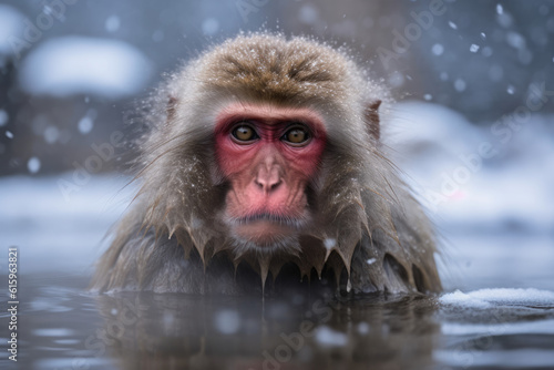 monkey in onsen in winter with heavy snow created with Generative AI technology