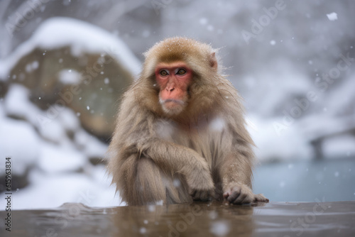 monkey in outdoor onsen with snow © Poprock3d