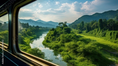 a beautiful landscape view with mountains, river, forest, trees and blue sky seen from a train window while driving. Generative AI