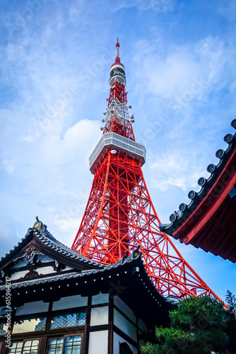 Tokyo tower and traditional shinto temple, Japan