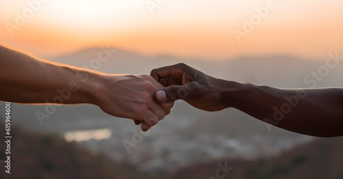 Close up multiracial man gay couple with African and Caucasian hands holding each other, touching, in love, tolerance and anti racism concept, natural sunset landscape background, AI Generated