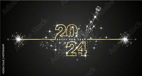 Happy New Year 2024 eve line design loading sparkle firework champagne open golden white black vector wallpaper greeting card photo