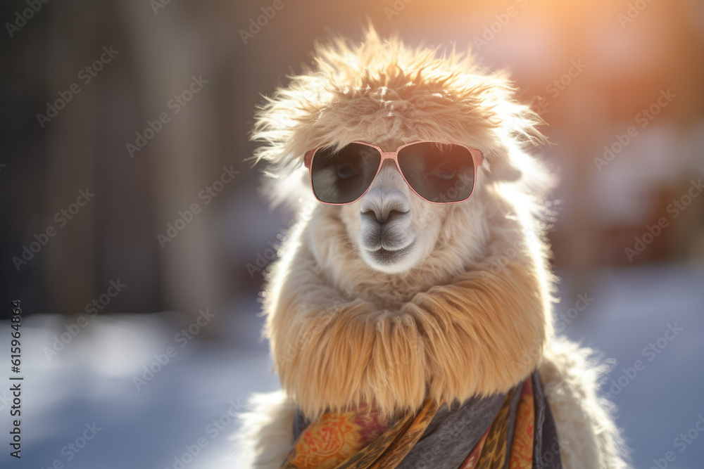 Fototapeta premium alpaca wearing sunglasses in winter