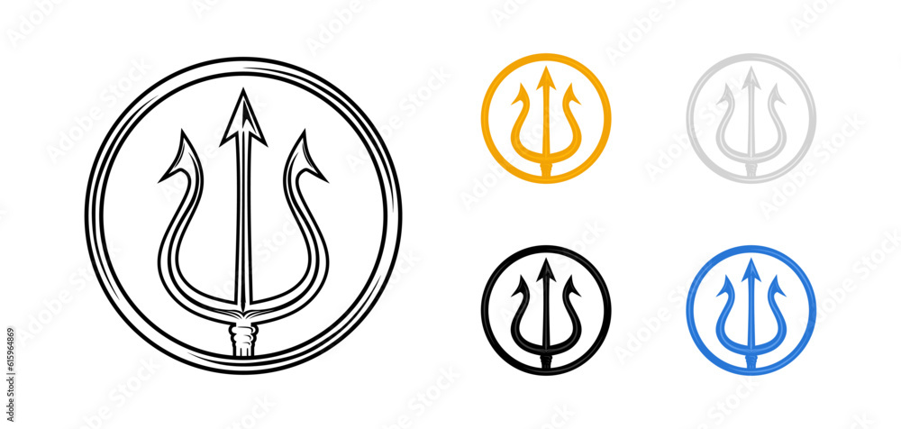 Set of trident symbols. Round trident sign collection. Devil pitchfork signs isolated on white background. Demon tridental spear. Vector illustration in minimal style - obrazy, fototapety, plakaty 