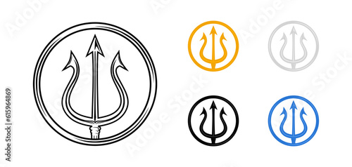Set of trident symbols. Round trident sign collection. Devil pitchfork signs isolated on white background. Demon tridental spear. Vector illustration in minimal style