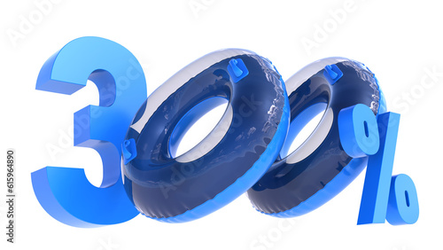 Summer sale banner, Big sale special up to 300% off, three hundred percent with swiming ring isolated on white, 3D render