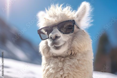 cool alpaca wearing sunglasses in winter