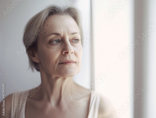 Beautiful natural elderly woman, self-care and tranquility.