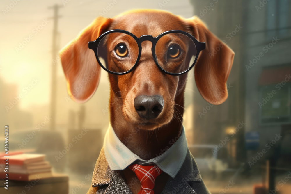 portrait of a dachshund wearing sunglasses 