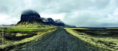 Desolate black road among the green of southern Iceland