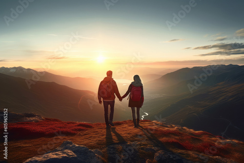 Couple of man and woman hikers on top of a mountain at sunset or sunrise  together enjoying their climbing success and the breathtaking view  looking towards the horizon - Generative AI