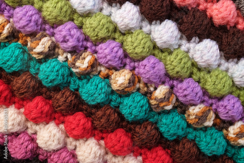Multi-coloured crochet bobble stitches in diagonal stripes, soft yarn abstract background texture © Designpics