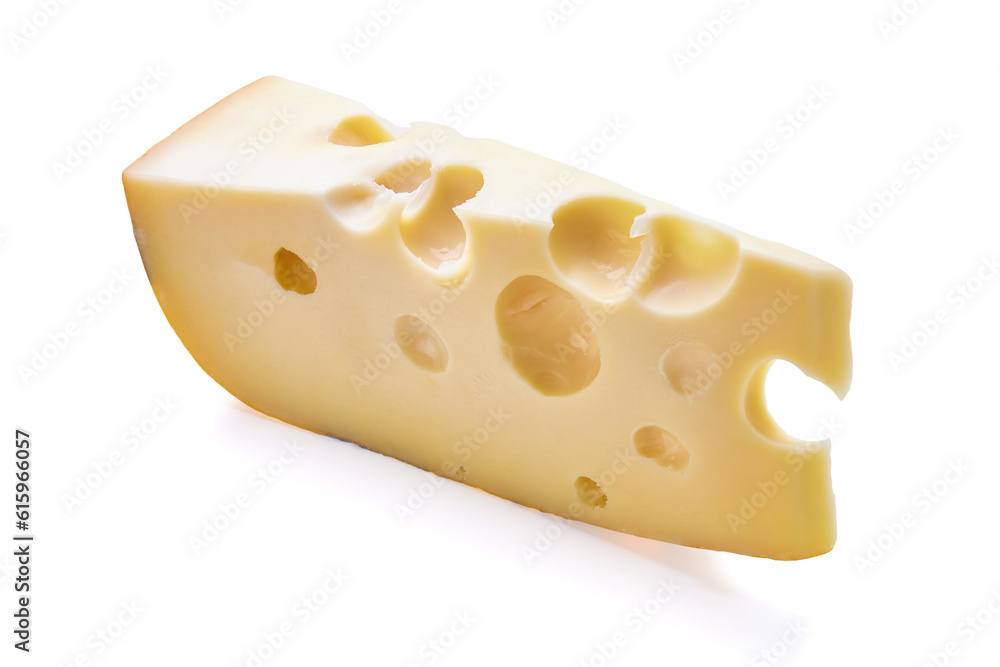 A piece of cheese is isolated on a white background A piece of cheese is isolated on a white background