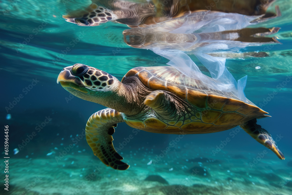 Fototapeta premium green sea turtle eating plastics