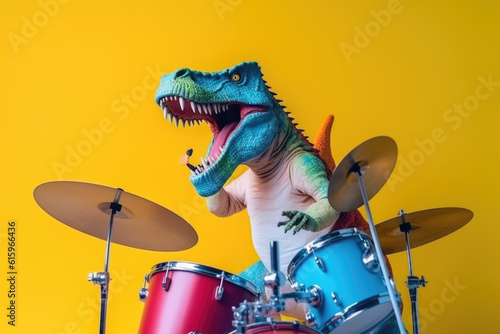 t-rex playing drums created with Generative AI technology photo