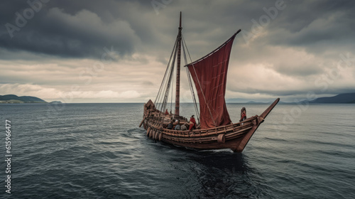 Viking sailboat on the sea created with Generative AI technology © Poprock3d