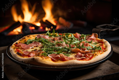 a pizza with meat and greens on it sitting in front of a fire place next to the pizza is ready to be eaten