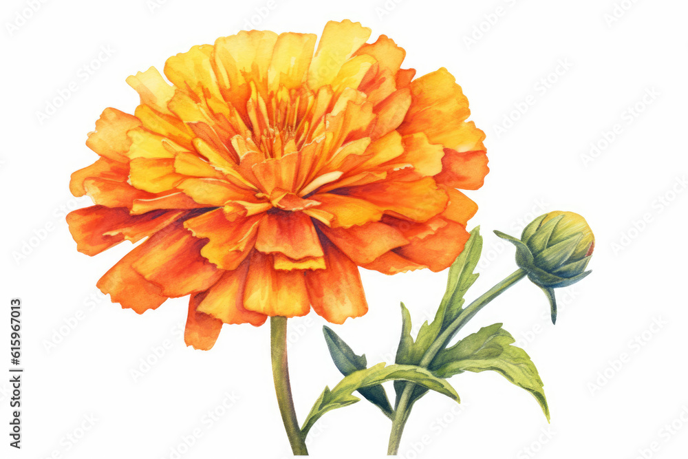 watercolor of Marigold Flowers created with Generative AI technology - obrazy, fototapety, plakaty 