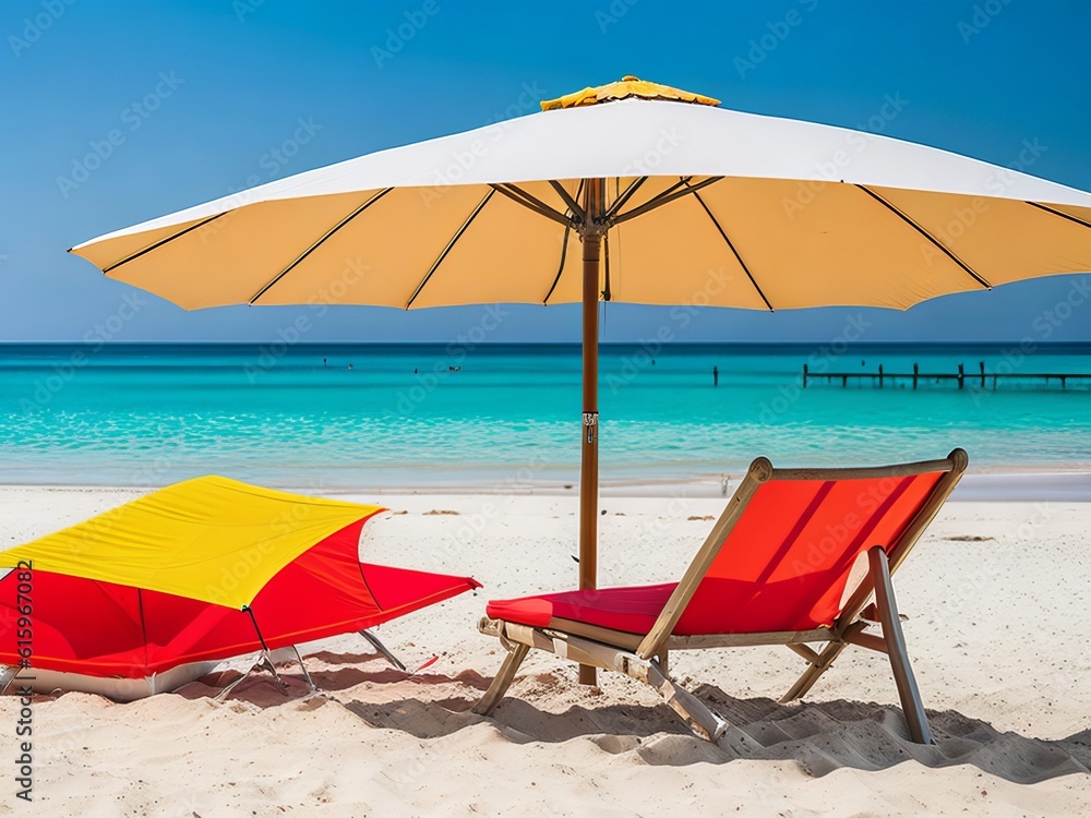 Chaise lounge and umbrella on sand beach. Generative AI Chaise lounge and umbrella on sand beach. Generative AI