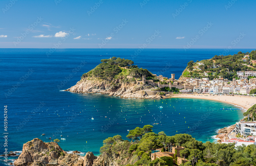 Spanish mediterranean coast at the Costa Brava with village Tossa de Mar and his medieval