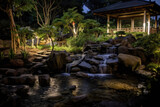 Japanese garden with waterfall created with Generative AI technology