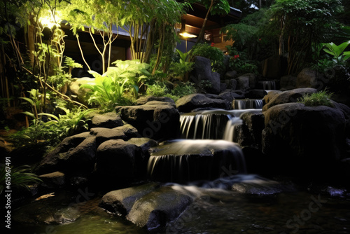 Japanese garden with waterfall created with Generative AI technology