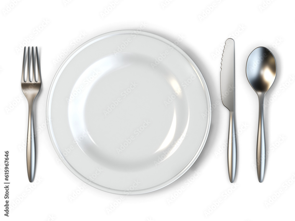 Plate, fork, knife and spoon 3D rendering illustration isolated on white background Plate, fork, knife and spoon 3D rendering illustration isolated on white background