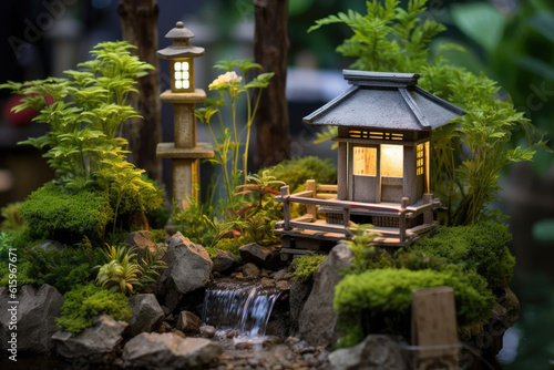 miniature of small zen garden with lantern created with Generative AI technology © Poprock3d