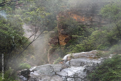 Water fed by the Jamison Creek  flows over the cliff edge at Wentworth Falls for a drop of around 187 metres to the bottom of the valley photo