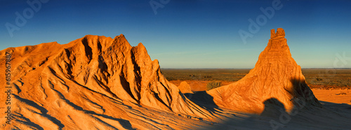 Inland Australia desert landscape in late afternoon winter light. Three image stitched panorama