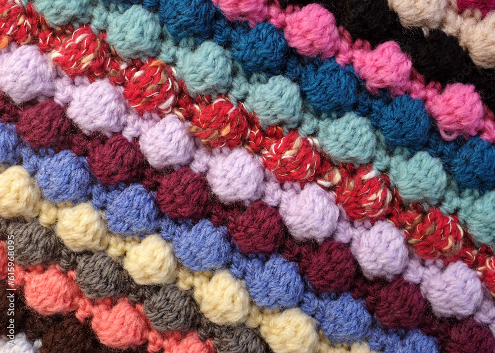 Diagonal stripes of multi-coloured wool bobble crochet stitches as abstract background texture Diagonal stripes of multi-coloured wool bobble crochet stitches as abstract background texture